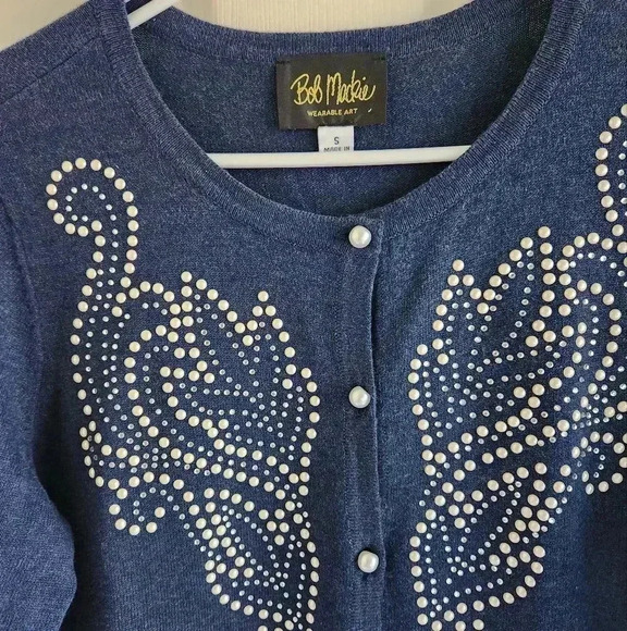 Bob Mackie Navy Blue Holiday Cardigan Sweater Pearl Embellished Size Small - Picture 2 of 10